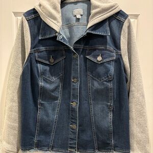 Susan Graver Denim Jacket with Sweatshirt Sleeves and Hood